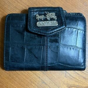 Coach Black Croc-Textured Leather Wallet with Horse & Carriage Plaque